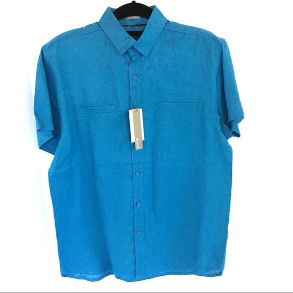 BRUNO 100% Linen Mens Short Sleeve Blue Shirt S - Picture 2 of 8